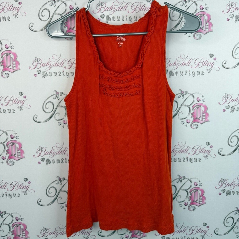 Joe Fresh tank top Ruffled ruffles frilly trim stretchy red Orange Tank Top